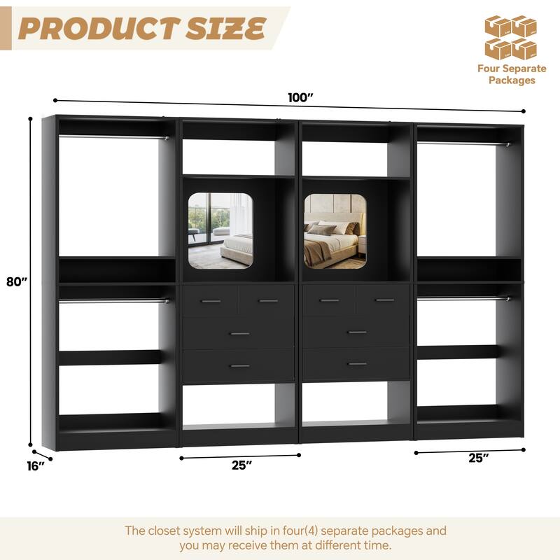 Set of 4 Closet System with 4 Drawer and Hanging Rods, Freestanding Closet Organizer with Storage Shelves