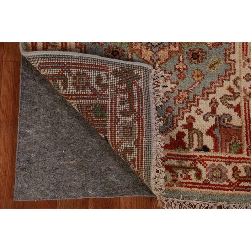 Hand Knotted Oriental 100% Wool Carpet Traditional Geometric Green Heriz (serapi) Runner Rug - 8' 0'' X 2' 6''
