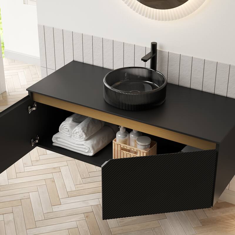 48" Bathroom Vanity with Sink, Wall-Mounted Plywood Storage Cabinet, Twill Double Doors,Round Glass Basin and Stone Top