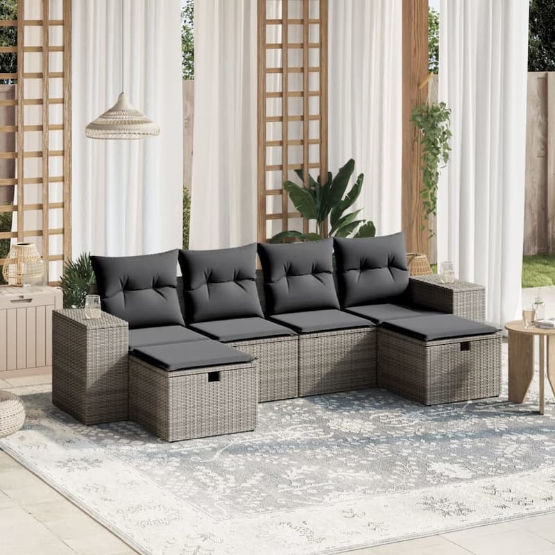 vidaXL Patio Sofa Set with Cushions Outdoor Furniture 6 Piece Poly Rattan - Grey Large