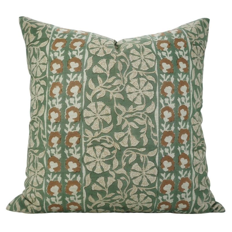 Fabdivine Linen Cushion Cover Floral Throw Handmade Purple Pillow Case for Couch Office Guest Bedroom Farmhouse, Pushaplata - Rudraksh- Green, Brown - 18" x 18" - Pillow Covers