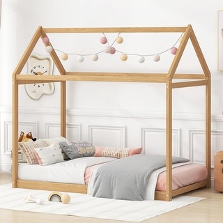 Twin Size Sturdy Durable Wooden House Bed, Wood Color