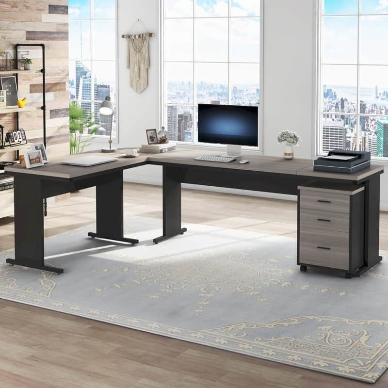 83" L-Shaped Executive Desk, Large L Office Desk with 3-Drawer Mobile File Cabinet, Business Furniture Desk Workstation - Grey