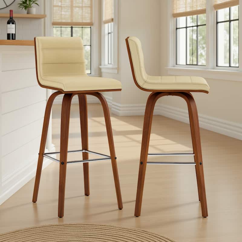 Skara Swivel Bar Stool, Upholstered Bar Height Chair with Bentwood Frame - Cream & Walnut - Set of 2