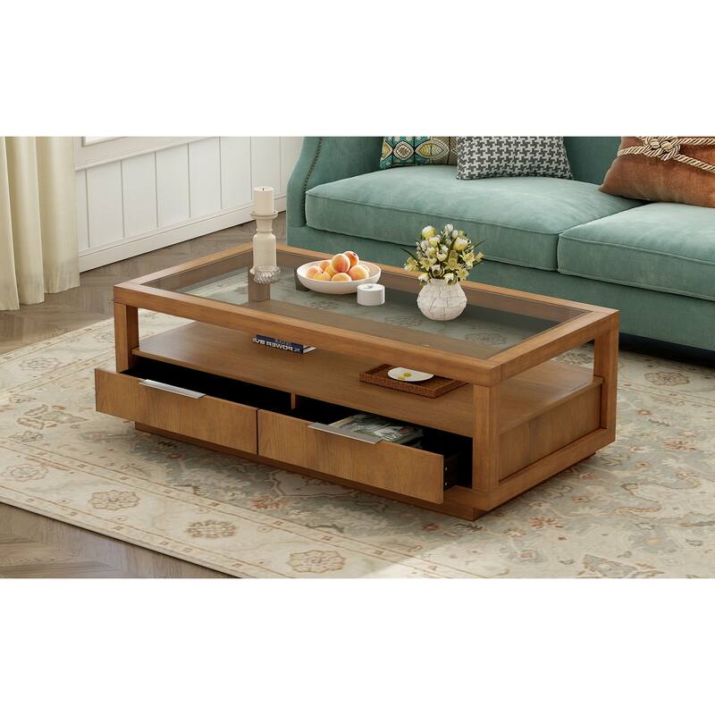 Coffee Table with Transparent Tempered Glass and 2 Drawers, Center Table with Open Storage Shelf