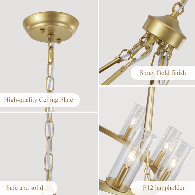 25.98inch 8-light Farmhouse Wagon Wheel Height Adjustable Chandelier With Glass Shade for Multiple Spaces