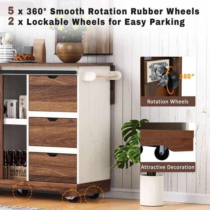55.5" Kitchen Island with Foldable Wooden Tabletop, Rolling Kitchen Cart on Wheels with Barn Door, Power Outlet for Dining Room