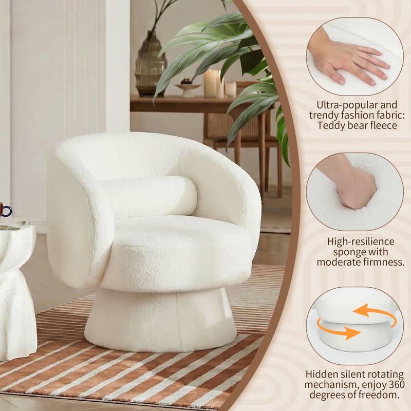 360° Swivel Accent Chair, Round Barrel Upholstered Armchair with Lumbar Cushion