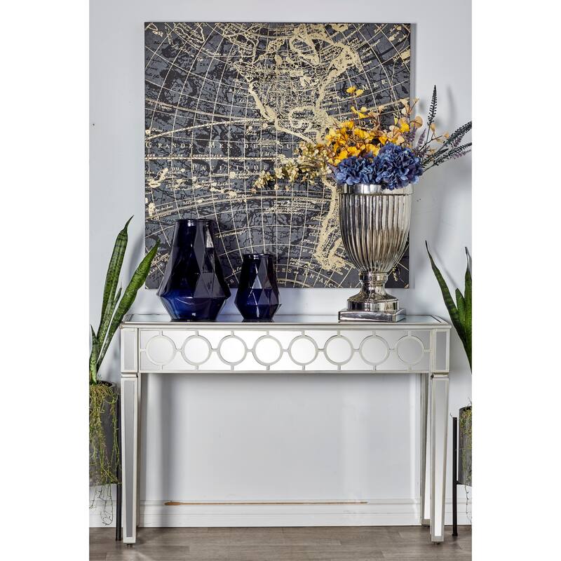 Silver Glass Mirrored Geometric Console Table with Circular Panel Inlay - Silver
