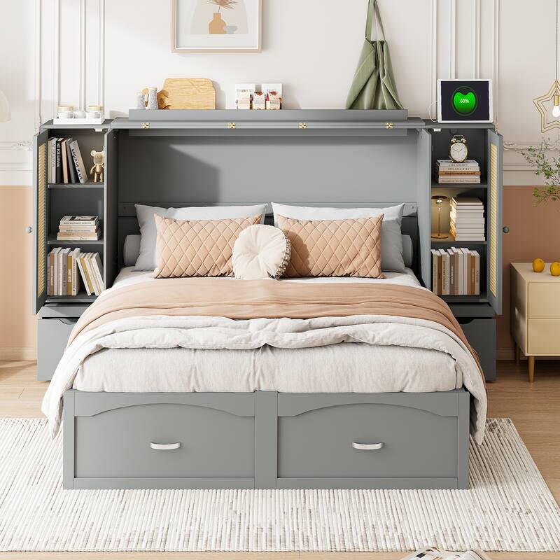 Murphy Bed Wall Bed w/Trundle, Storage Underneath, Sockets & USB Ports - Gray - Side Cabinets - Queen