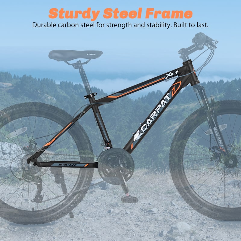 24 Inch Steel Frame, Mountain Cycling Bike Shimano 21 Speed Road Commuting Bicycle with Daul Disc Brakes and Front Suspension