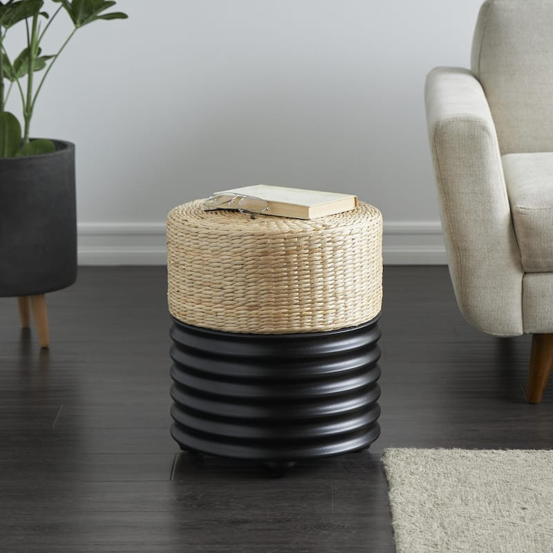 Wooden Geometric Handmade Woven Two-Toned Accent Table with Seagrass Top - White or Black- Roche River Decor