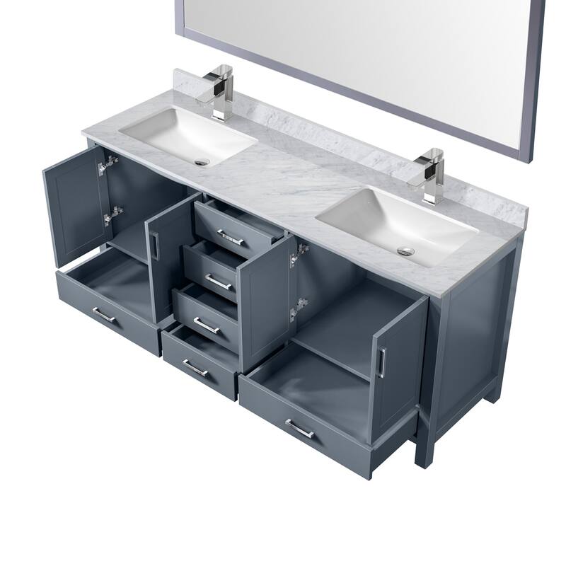 Jacques 72 in. W x 22 in. D Distressed Grey Double Bath Vanity, Carrara Marble Top, Faucet Set, and 70 in. Mirror