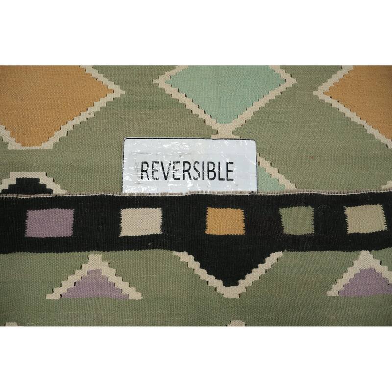 Hand Woven Oriental 100% Wool Carpet Southwestern Tribal Green Kilim Area Rug - 9' 11'' X 7' 11''