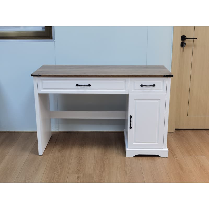 47" Farmhouse Executive Desk, Wood Home Office Desk with Drawers and Storage Cabinet, Computer Desks Writing Workstation - white