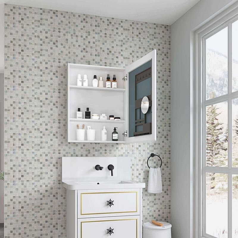 Frameless Bathroom Medicine Cabinet with Beveled Mirror Edges, Left Opening Door, Soft-Closing Hinges - 24X30 in Right opening door - White + Engineered Wood