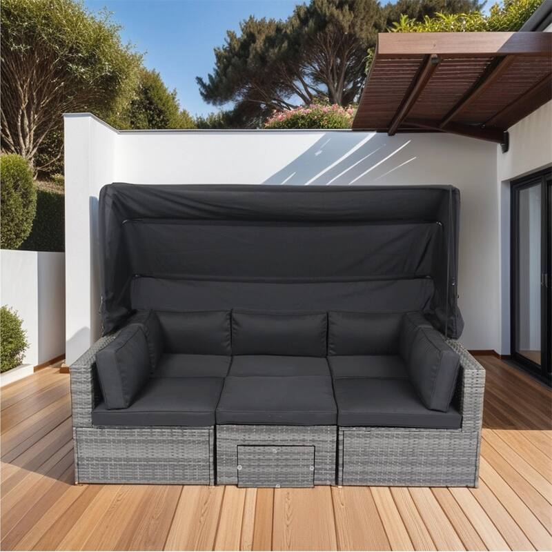 7-Piece Outdoor Grey Wicker Sectional Sofa Set with Retractable Canopy