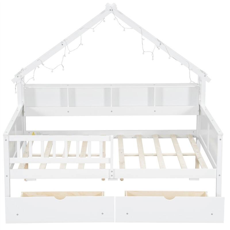 Wooden House Platform Bed with LED Light and 2 Storage Drawers, Full Size Daybed Sofa Bedframe with Storage Shelves & Guardrail