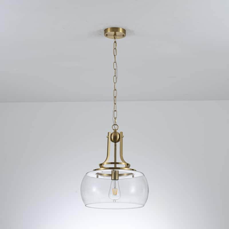 13.8" W Mid-Century Modern Rustic Gold Dome Design Ceiling Pendant with Clear Glass Shade for Dining Room, Kitchen Island, Foyer