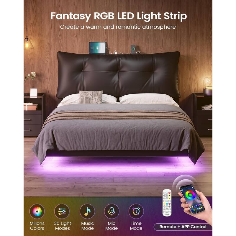 Floating Bed Frame Removable Thick Soft Headboard Charging Station Led Lights