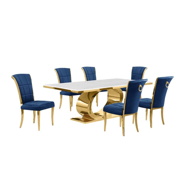 Best Quality Furniture D432/3-SC320-7 Dining Set with 87" White Marble Top
