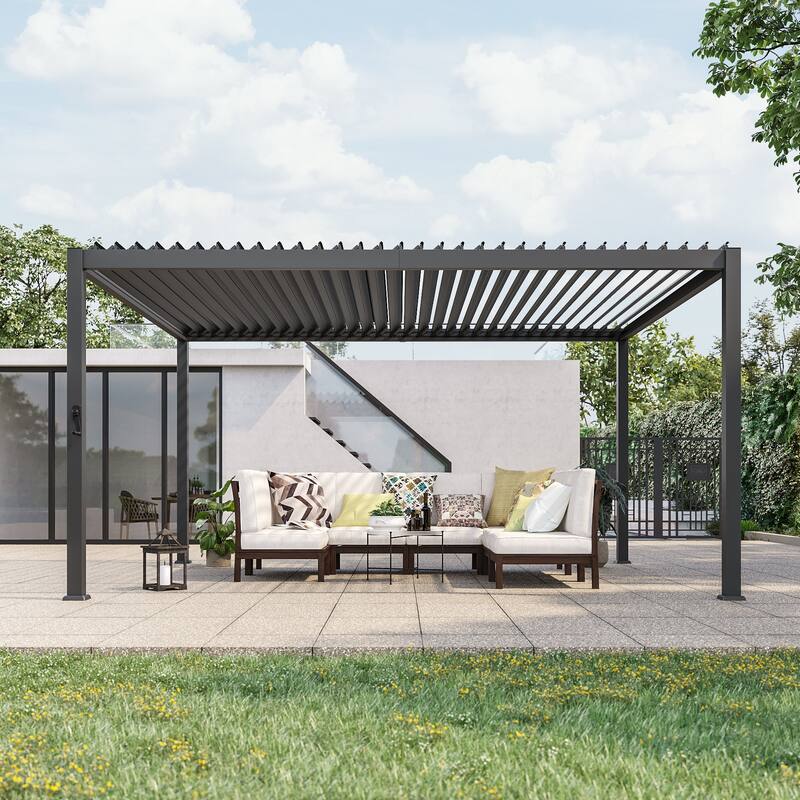 Aluminum Steel Pergola, Outdoor Pergola with Adjustable Roof - 12x14FT - Grey