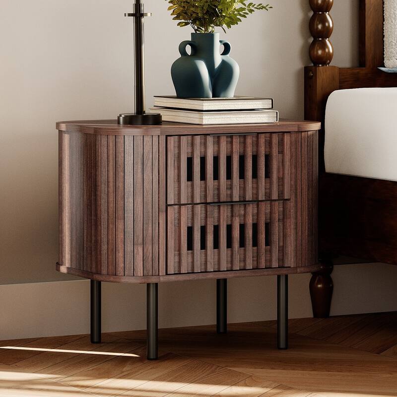 WAMPAT Fluted Nightstand with 2 Drawers,Wood End Table for Bedroom, Living Room