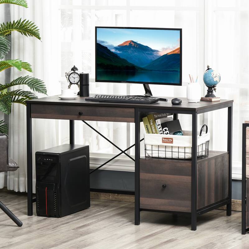 HOMCOM Home Office Writing Desk with File Storage Drawer for Letter Size, PC Study Table Computer Workstation, Walnut Brown - Wood Finish - Brown