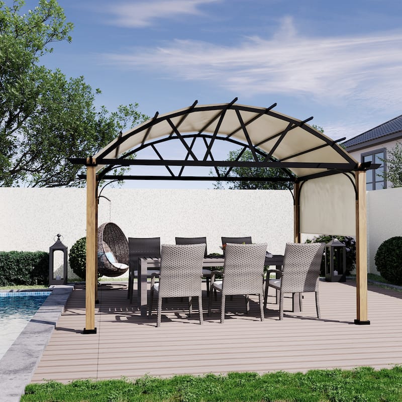 12 ft. x 12 ft. Wood Grain Aluminum Outdoor Pergola with Arched Canopy and Beige Retractable Shade