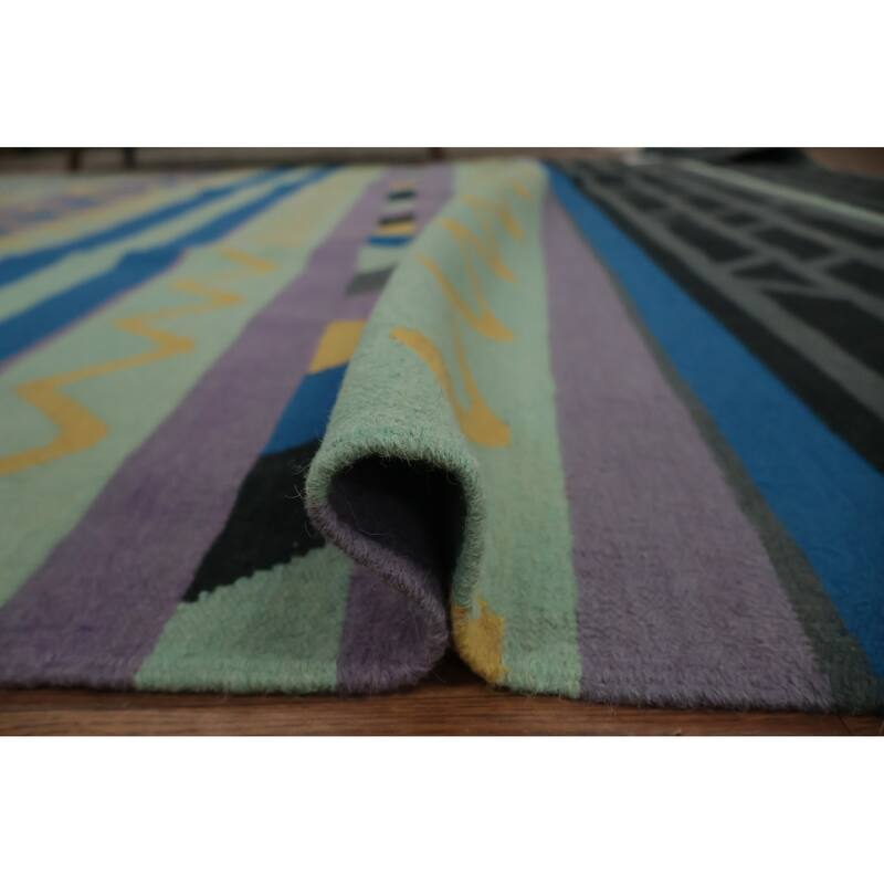 Hand Woven Oriental 100% Wool Carpet Southwestern Modern Green Kilim Area Rug - 12' 1'' X 9' 2''