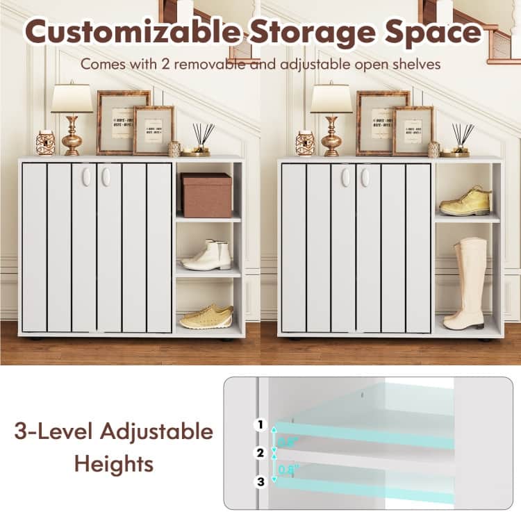 Shoe Storage Cabinet with Doors and Open Shelves Adjustable Wooden Entryway Organizer - 31.5" x 12" x 25.5"
