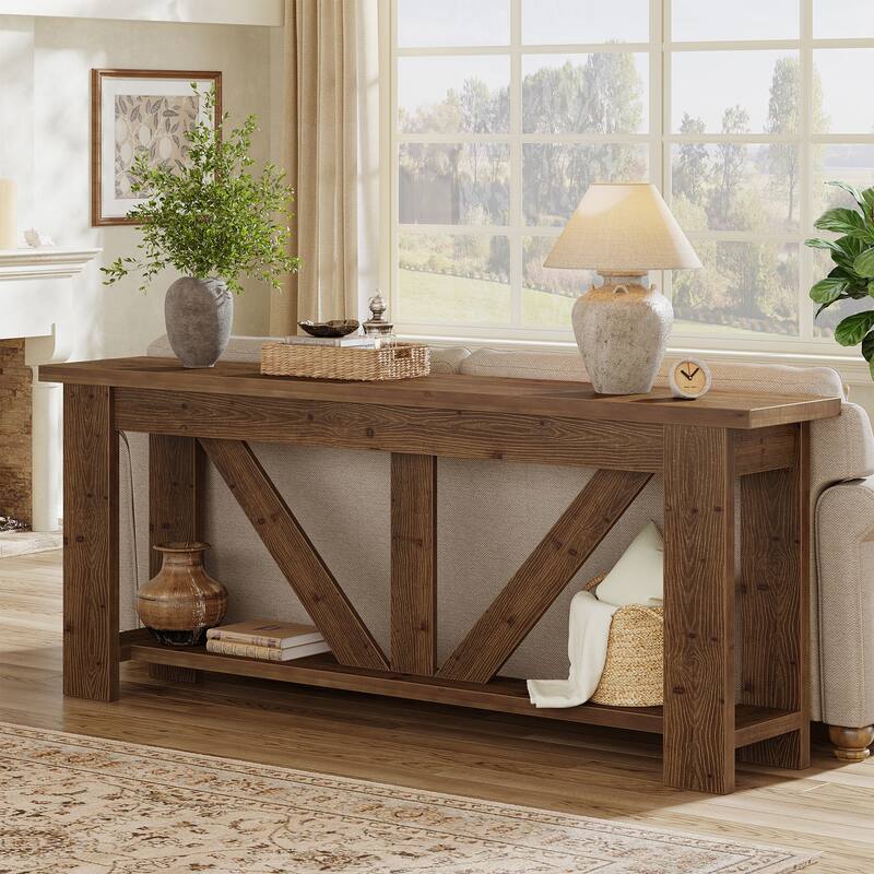71'' Extra Long Solid Wood 2-Tier Console Sofa Table for Entryway - Brown