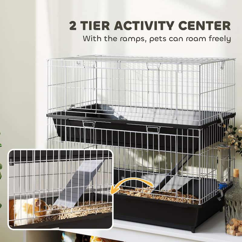 PawHut 2-Tier Guinea Pig Cage, Ferret Cage, Chinchilla Cage, Small Animal Cage Indoor with Dish and Bottle, 2 Doors