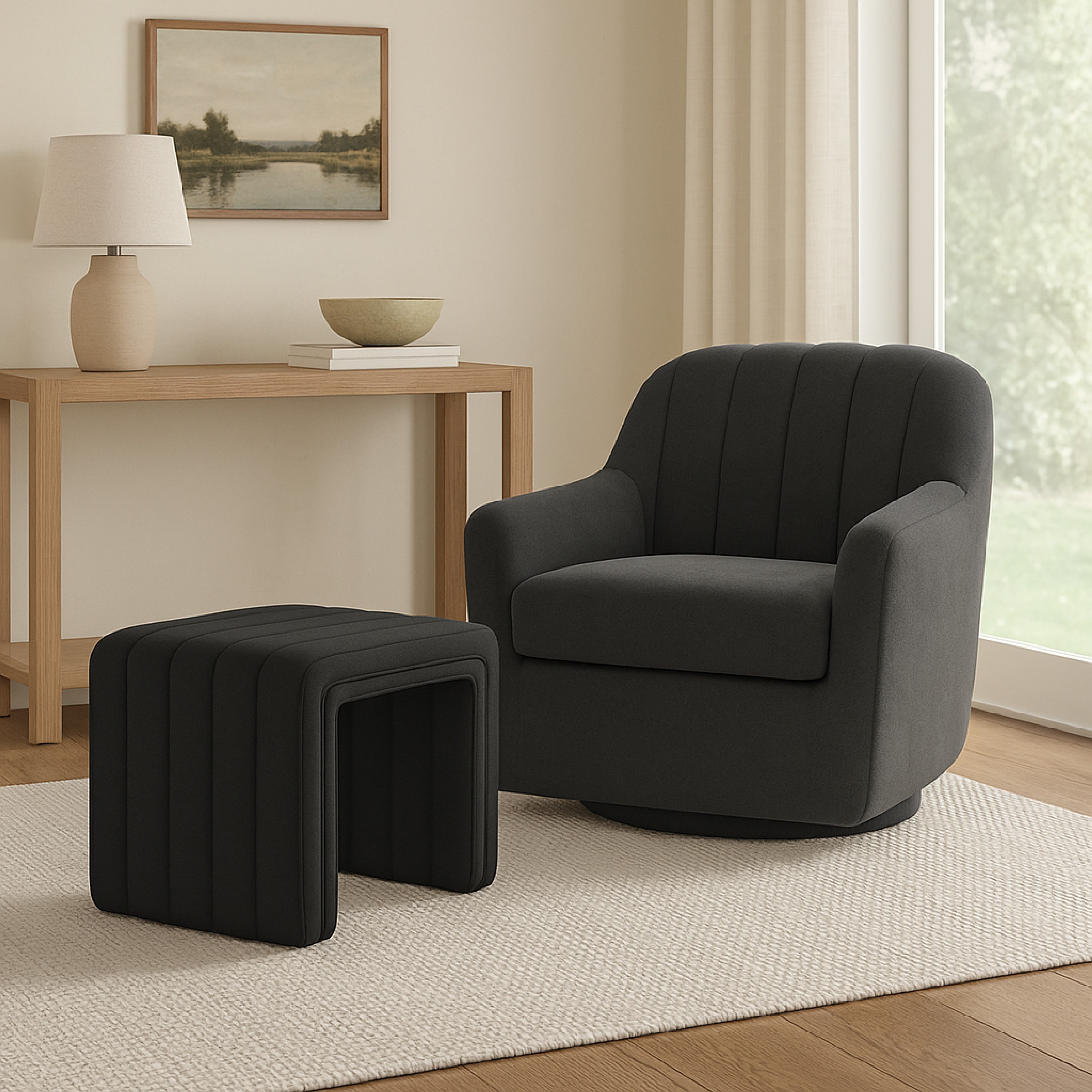Ada Footstool Ottoman, Channel Tufted Black Faux Leather, 19 Inch