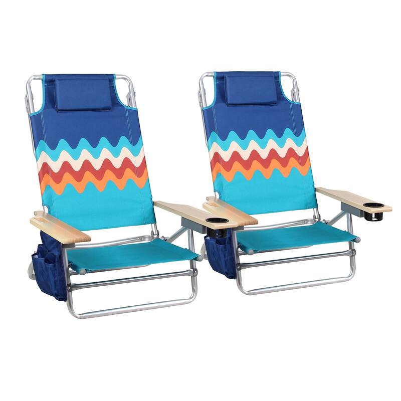 2-Piece Lightweight 5-Position Folding Lay Flat Beach Chairs with Tower Bar