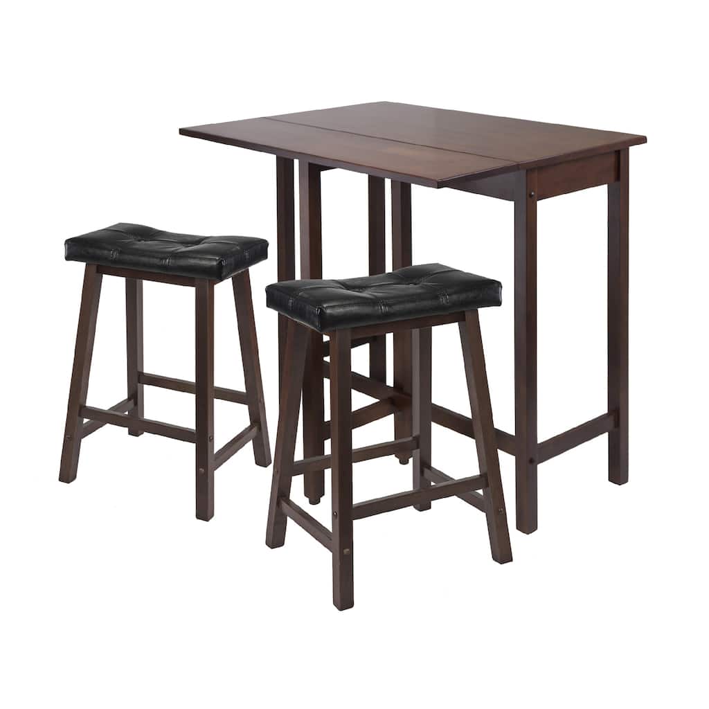 3 Brown Wood Drop Leaf Kitchen Table Leather Saddle Stools 39.25"