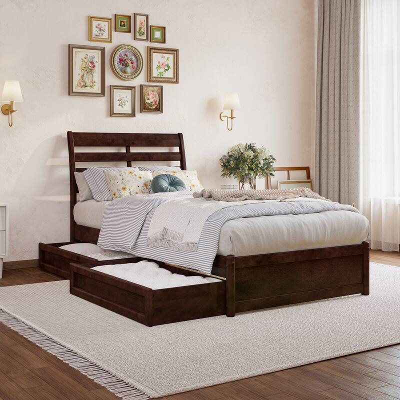 Emelie Platform Bed with Panel Footboard and Storage Drawers - Walnut - Twin XL