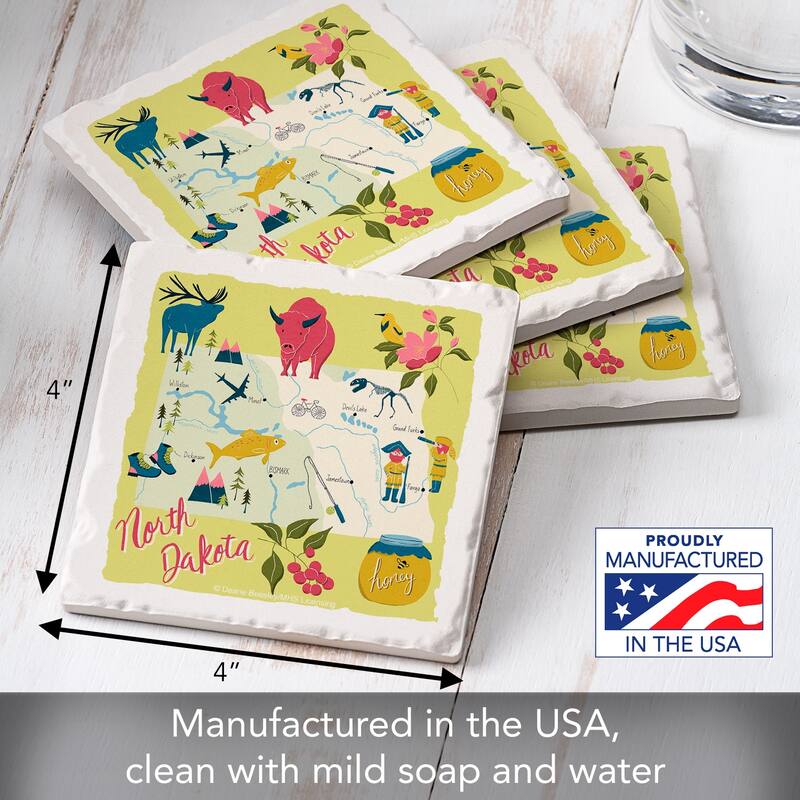 North Dakota Home 4-Pack Absorbent Stone Coasters with Protective Cork Backing 4" Square Made in The USA Easily Wipes Clean