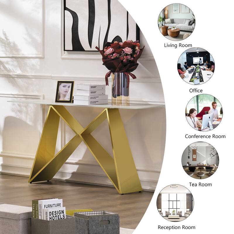 55 inch Rectangle White Glass Console Table with Mirrored M-Shaped Base