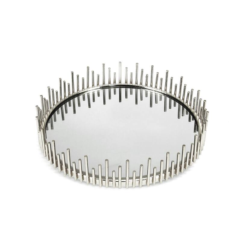 Silver Sunburst Round Metal Mirror Decorative Tray Serving Platter