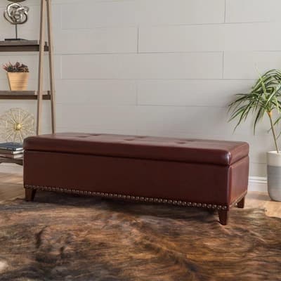 Roomfitters Faux Leather Tufted Storage Ottoman Bench with Nailhead Trim, Entryway or Bedroom Seating, Brown