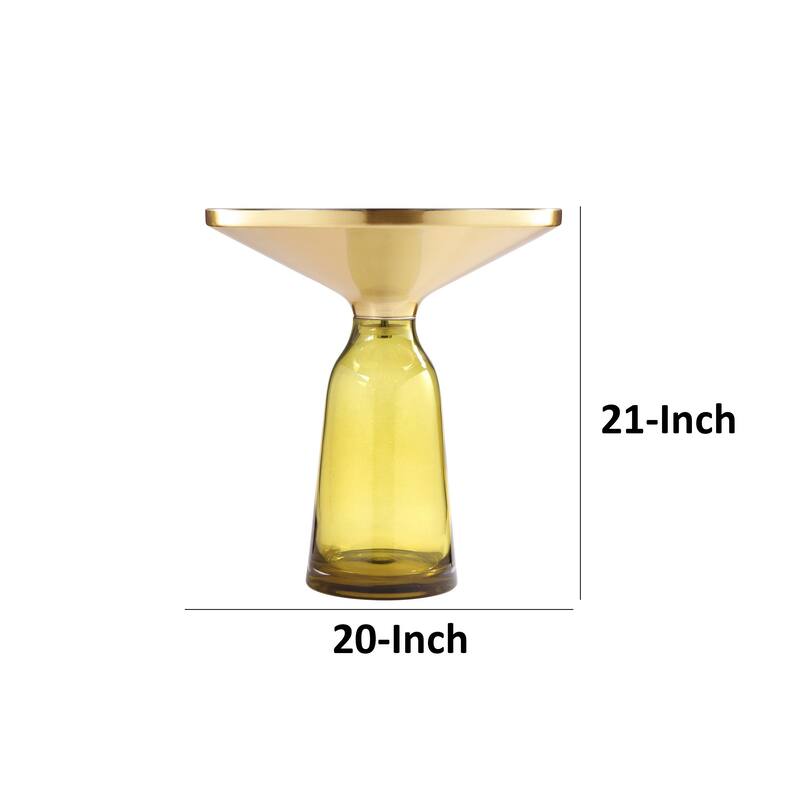 Len 21 Inch Side End Table, Yellow Blown Glass Bell Base, Funnel Gold Steel