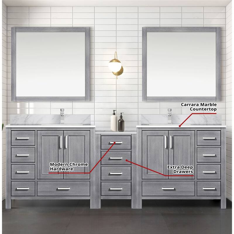 Coraline 92 in W x 22 in D Double Bath Vanity, Carrara Marble Top, and 34 in Mirrors