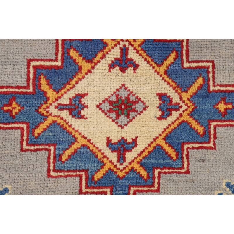 Gray Geometric Kazak Rug Handmade Foyer Wool Carpet - 2'9" x 4'1"
