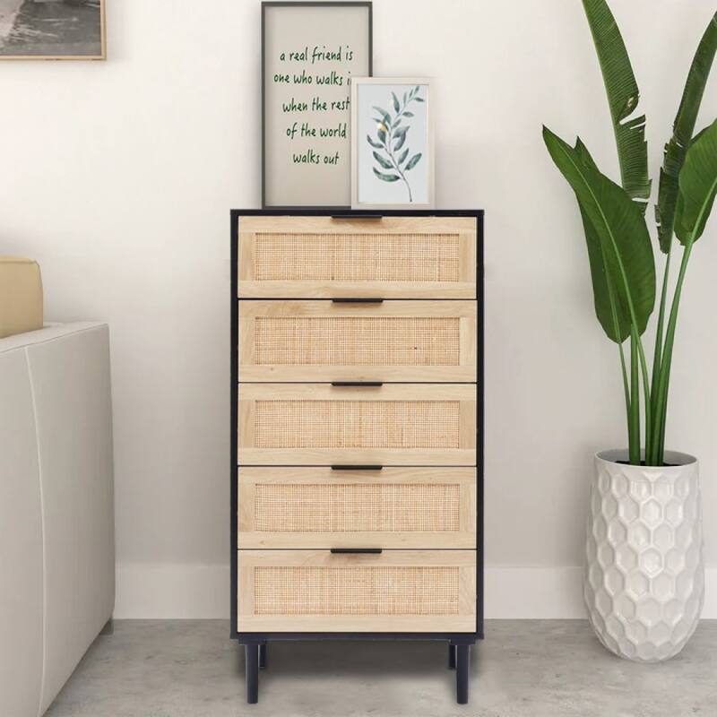 5 Drawer Rattan Dresser - Black/Natural