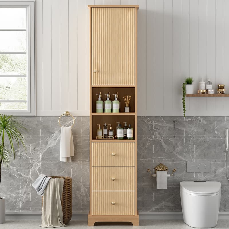 Vertical Stripe Accents Cabinet Freestanding Tall Cabinet for Bathroom with 1 Door, 3 Drawers, Open Storag and Adjustable Shelf - Wood