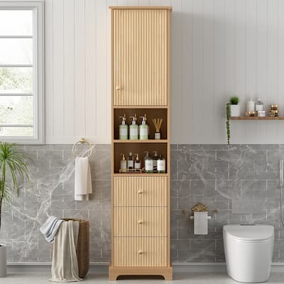 Vertical Stripe Accents Cabinet Freestanding Tall Cabinet for Bathroom with 1 Door, 3 Drawers, Open Storag and Adjustable Shelf