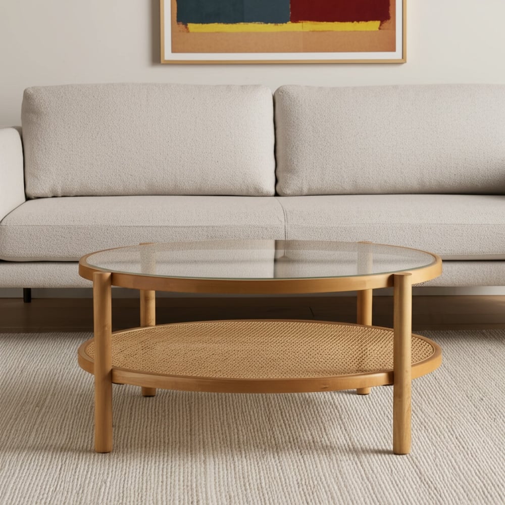 HomeRoots 34" Clear and Natural Glass and Solid Wood Round Coffee Table With Shelf - 34.25' X '17.25' X '34.25