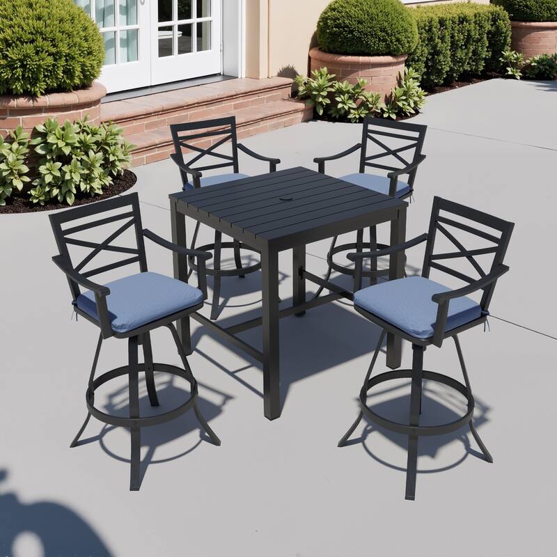 3/5-Piece Outdoor Swivel Aluminum Bar Stools with Sunbrella Cushion and Table Set - Spectrum Denim - Set of 5