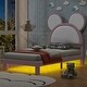 preview thumbnail 1 of 6, Twin Size Upholstered Platform Bed with Cartoon Ears Shaped Headboard and LED White&Pink